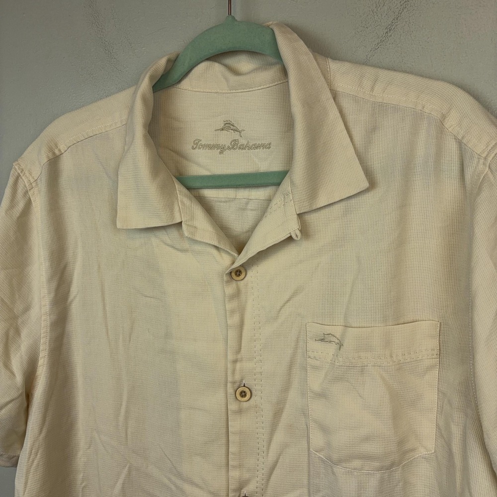 Tommy Bahama‎ Shirt Mens Large White Silk Blend Short Sleeve Button Up Casual